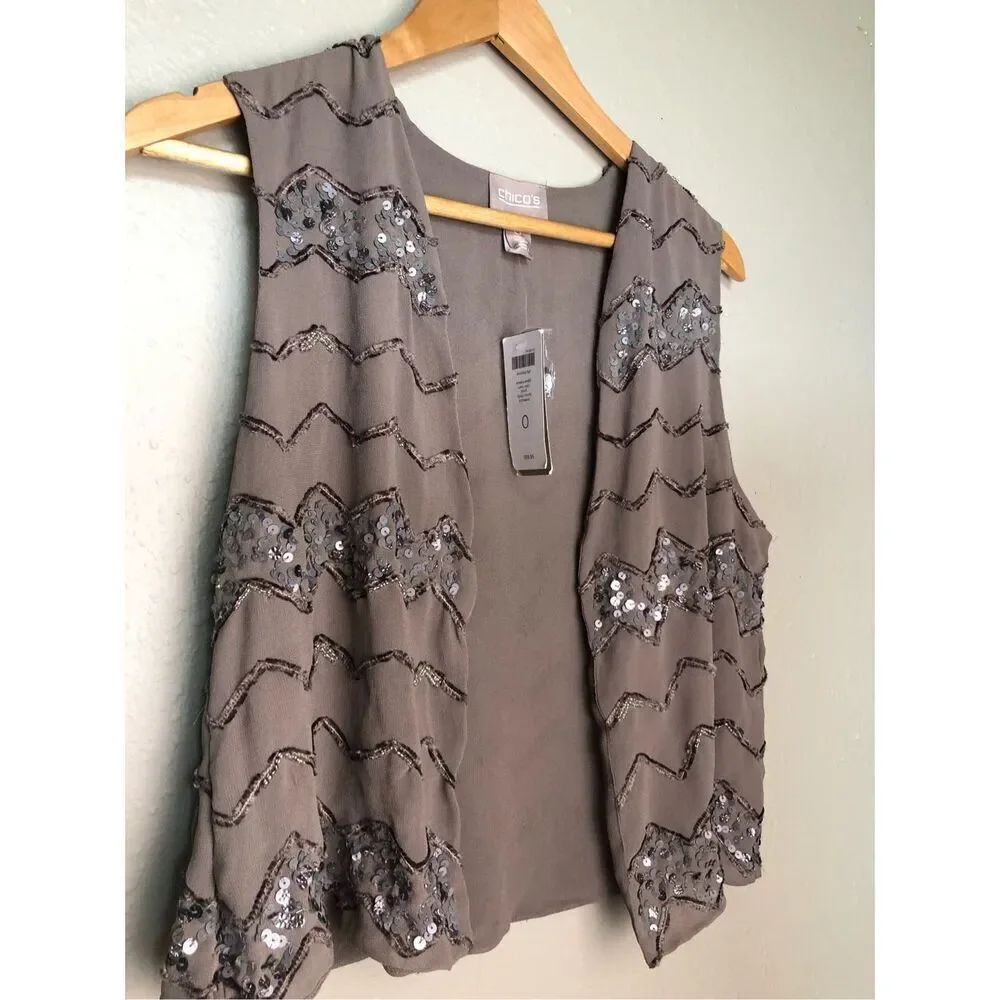 Chico’s Brown Sequin Open Front Vest Size 0 Small NWT - Picture 3 of 12